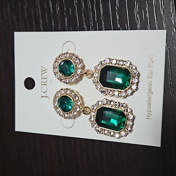 NEW J Crew Green Gold Crystal Drop Earrings - Picture 4 of 6